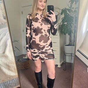 AFRM Black and Cream Floral Long Sleeve Dress